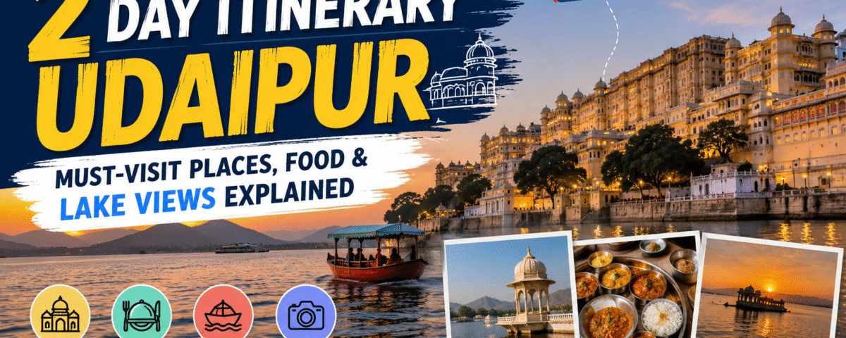 Beautiful lake views in Udaipur featuring City Palace, boats on Lake Pichola, local Rajasthani food, and sunset spots during a 2-day itinerary.