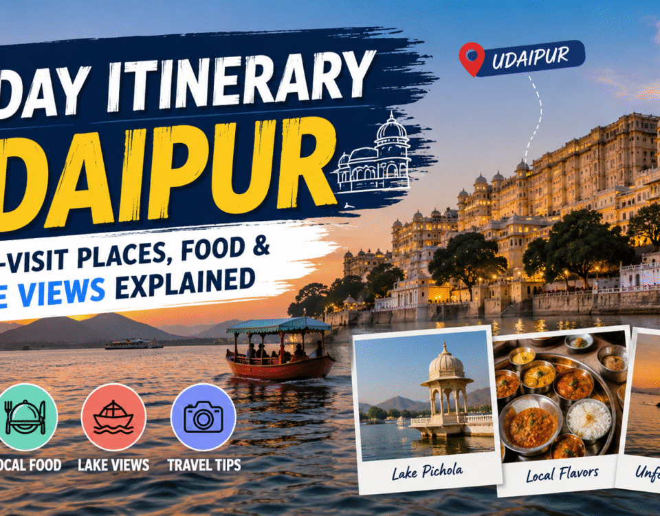 Beautiful lake views in Udaipur featuring City Palace, boats on Lake Pichola, local Rajasthani food, and sunset spots during a 2-day itinerary.