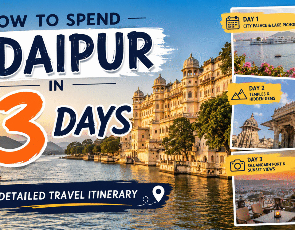 Tourists exploring City Palace and Lake Pichola during a 3-day Udaipur travel itinerary.